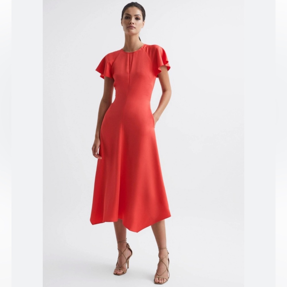 NWT Reiss Eleni Flutter Cap Sleeve strappy back Midi Maxi Coral fit flare dress - Picture 2 of 13
